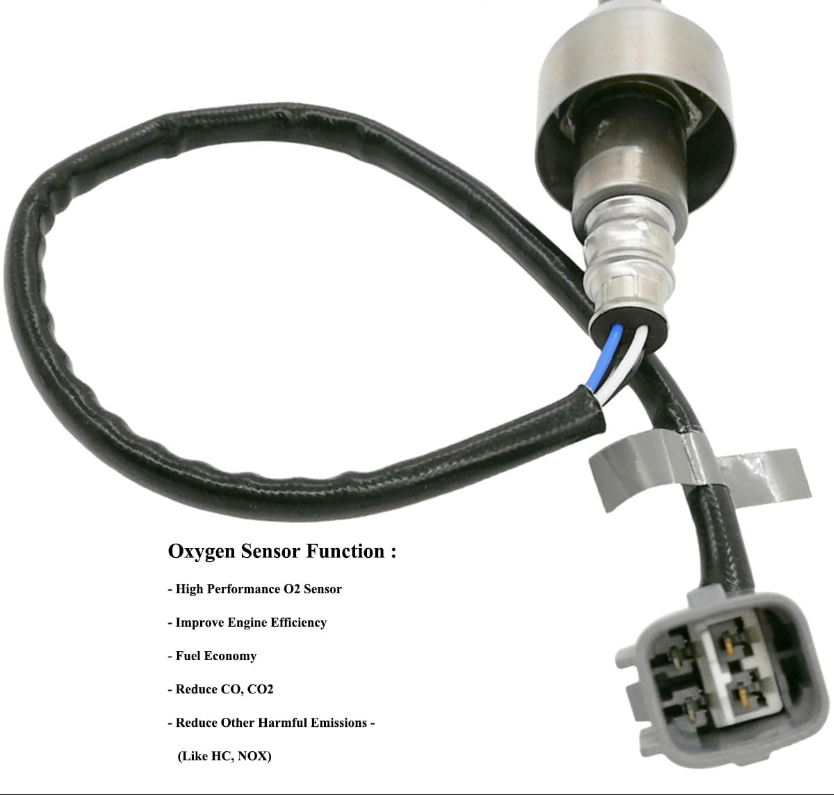 High performance automotive oxygen sensor with black wiring and gray connector for improved engine efficiency and reduced emissions
