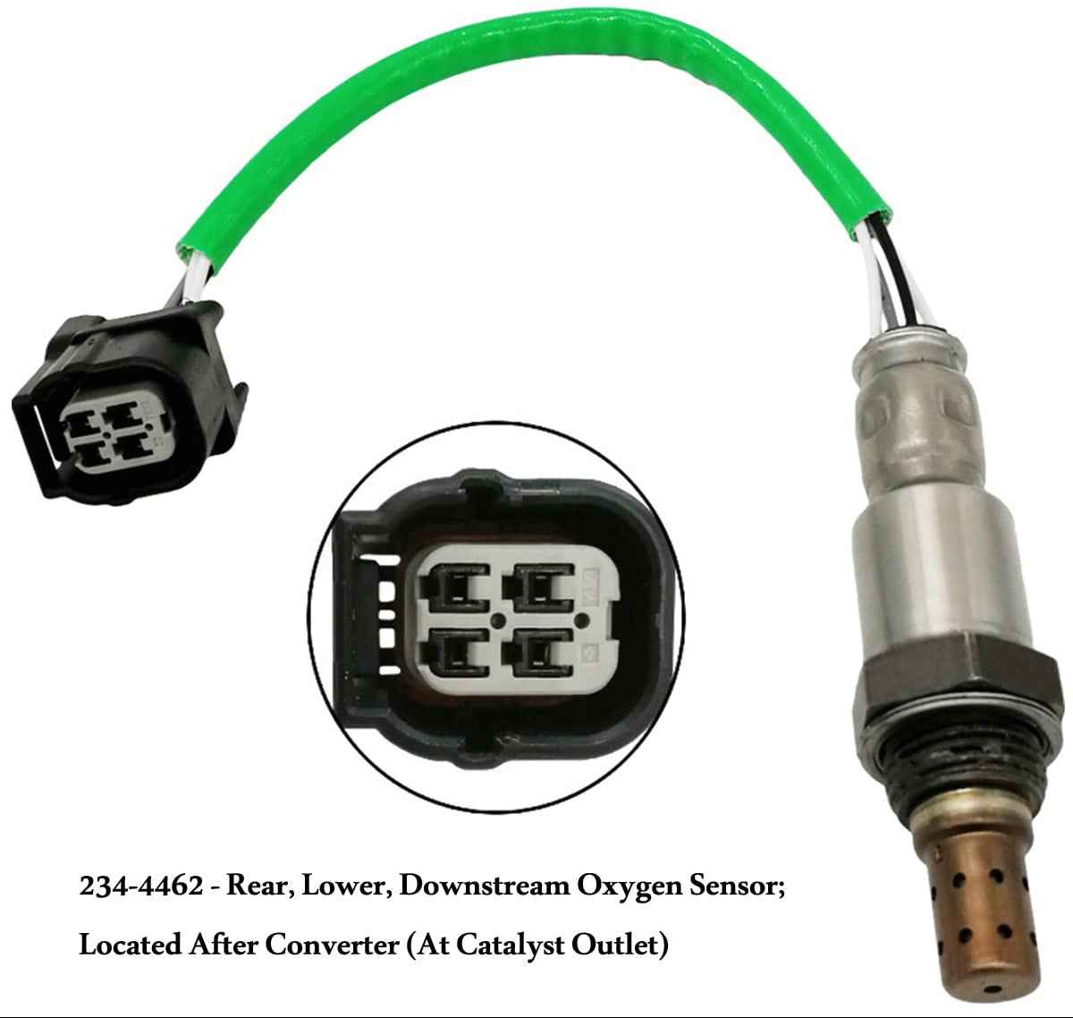 Rear lower downstream automotive oxygen sensor with green wiring and black connector, visible wiring pins