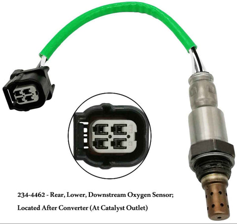 Rear lower downstream automotive oxygen sensor with green wiring and black connector, visible wiring pins