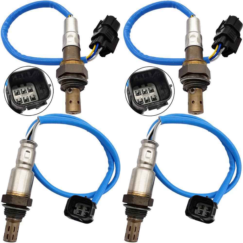 Set of four oxygen sensors with blue wires and black connectors, showing sensor tips and connector pins