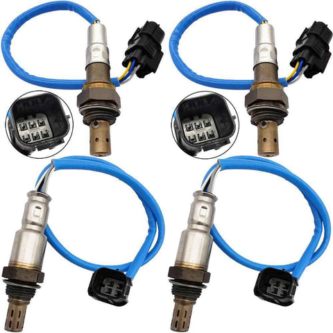 Set of four oxygen sensors with blue wires and black connectors, showing sensor tips and connector pins