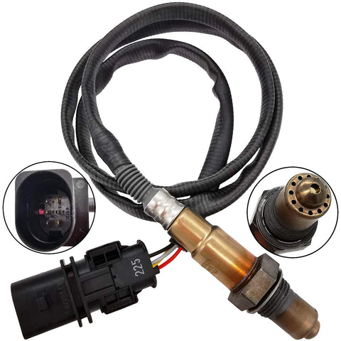 Automotive oxygen sensor with wiring harness and detailed connector close-up