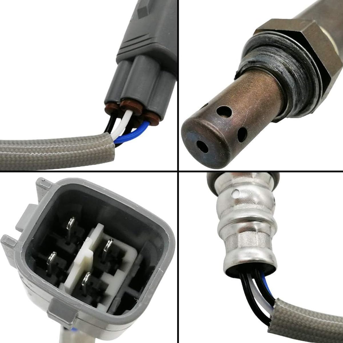 Close-up of automotive oxygen sensor, wiring harness, and electrical connectors.