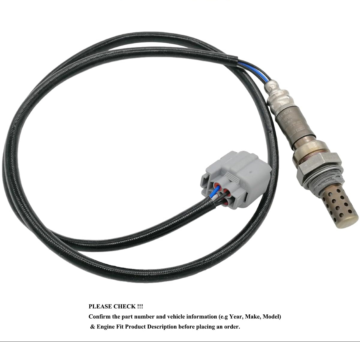 OEM-quality automotive oxygen sensor with gray wiring harness and protective sleeve.