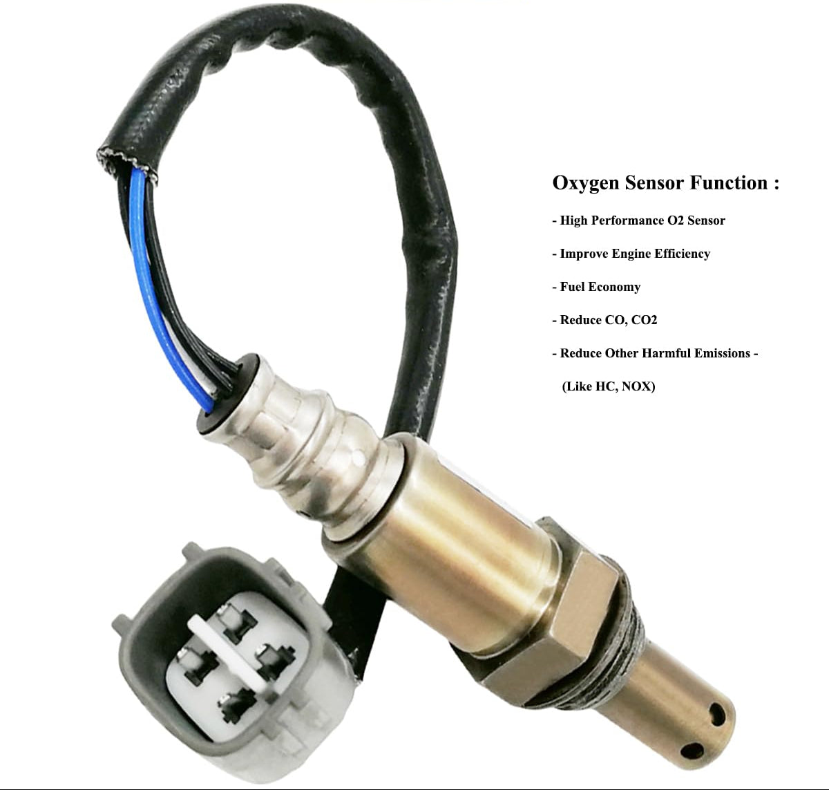 Automotive oxygen sensor with connector and description of O2 sensor functions on white background.