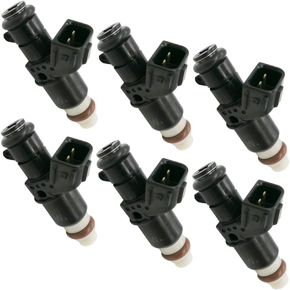 Set of six black automotive fuel injectors with electrical connectors on white background