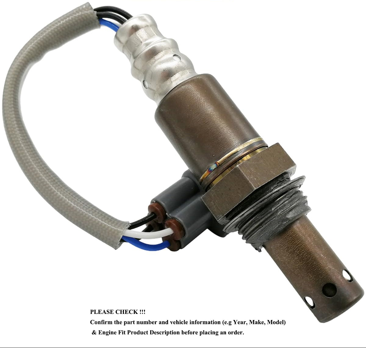 Close-up of an automotive oxygen sensor with attached wiring harness on a white background.
