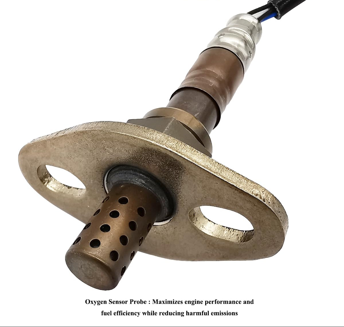 Close-up of an automotive oxygen sensor probe with metal mounting flange, used for vehicle emissions and fuel efficiency.