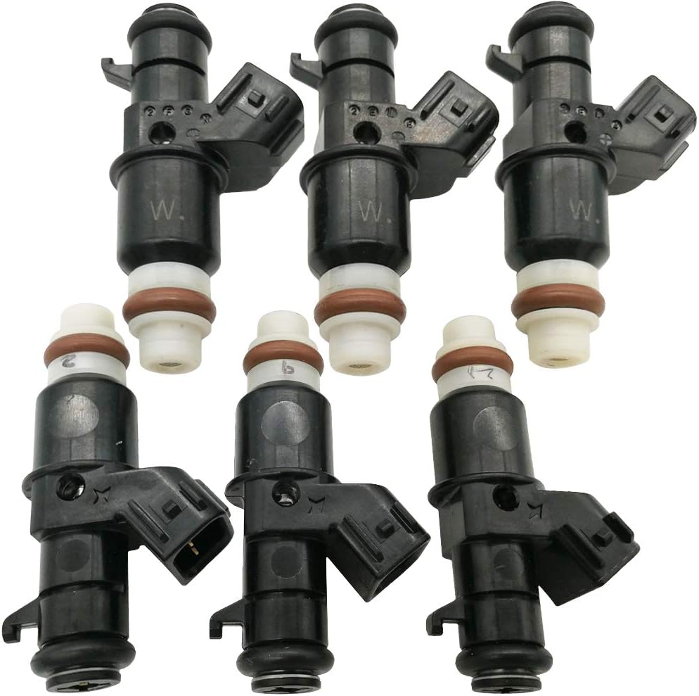 Set of six OEM-quality black fuel injectors with white and brown seals for automotive engines