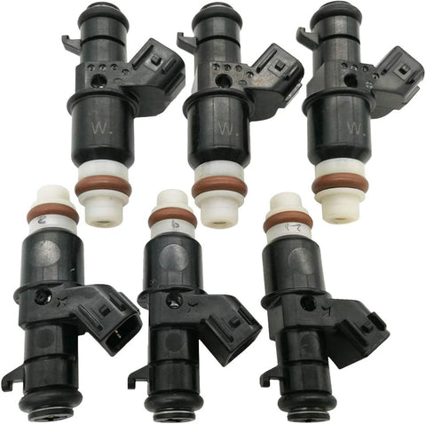 Set of six OEM-quality black fuel injectors with white and brown seals for automotive engines