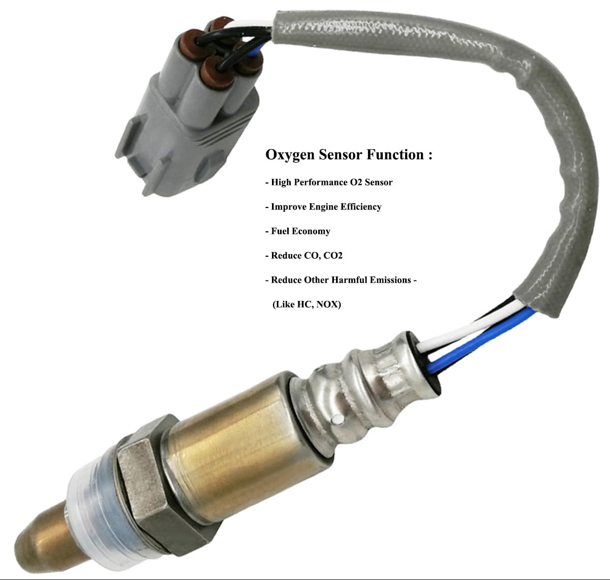Automotive oxygen sensor with wiring and plug, features listed for engine efficiency and emission reduction.