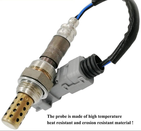 Close-up of an automotive oxygen sensor with heat-resistant metal probe and connector