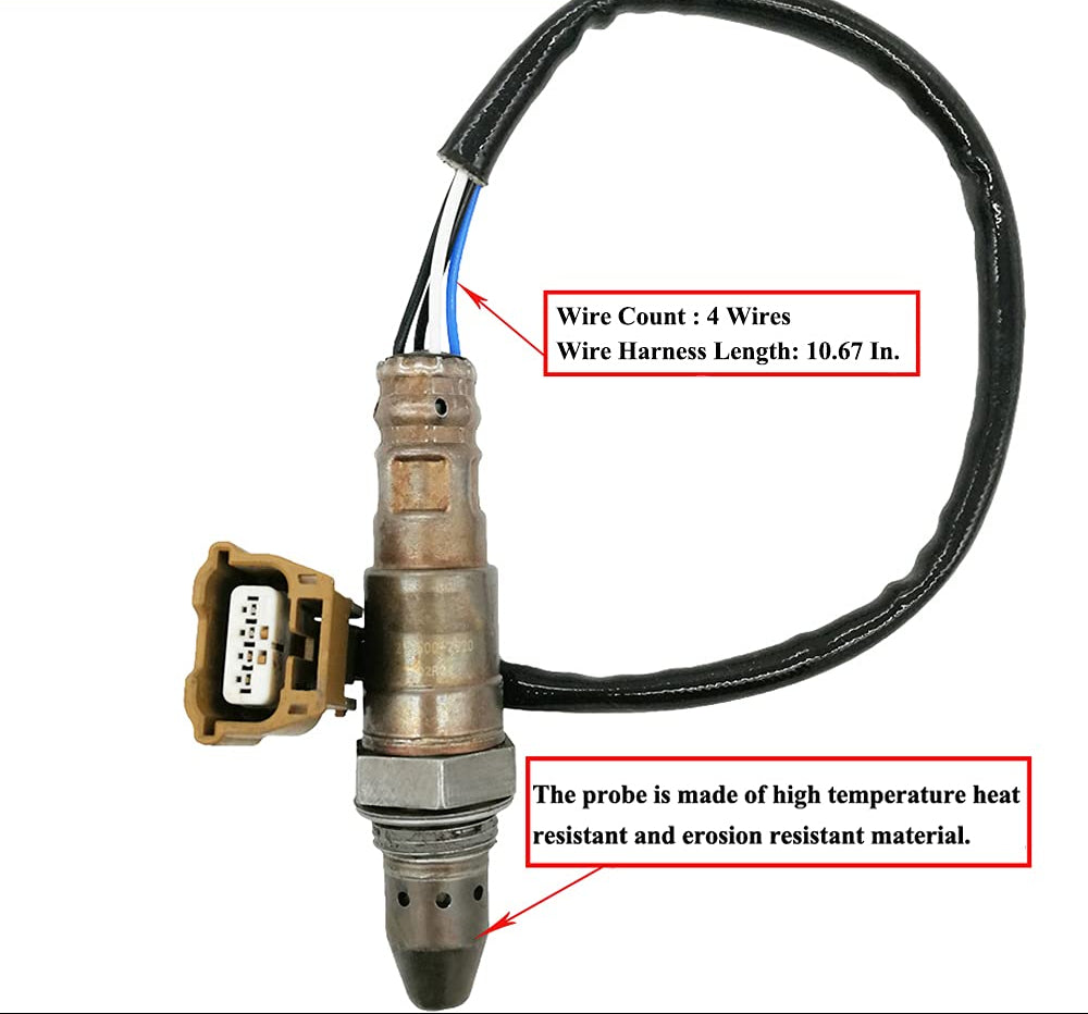 OEM automotive oxygen sensor with 4-wire harness, 10.67 inch length, heat and erosion resistant probe