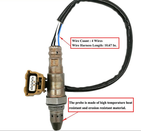 OEM automotive oxygen sensor with 4-wire harness, 10.67 inch length, heat and erosion resistant probe