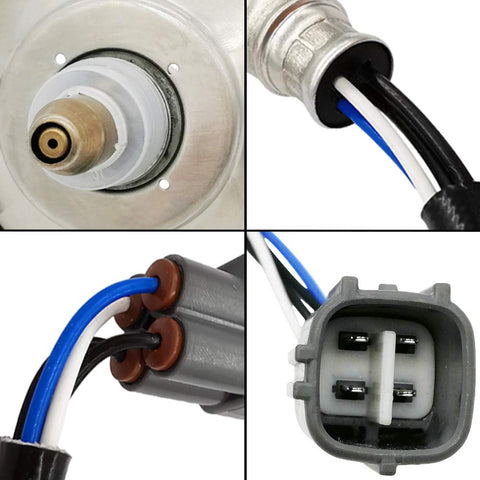 Close-up views of a four-wire automotive oxygen sensor and connector plug