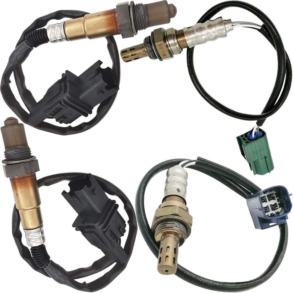 Set of four automotive oxygen sensors with wiring and connectors for vehicle emissions control