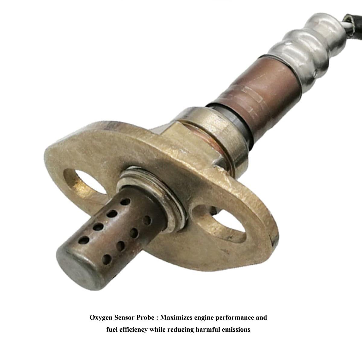 Close-up of automotive oxygen sensor with metal body and mounting flange, vehicle engine part