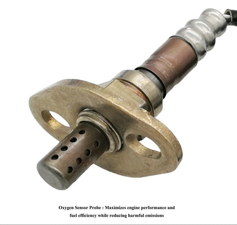 Close-up of automotive oxygen sensor with metal body and mounting flange, vehicle engine part