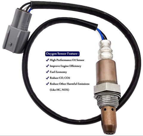 Automotive oxygen sensor with wiring, gray connector, and feature list, for vehicle engines