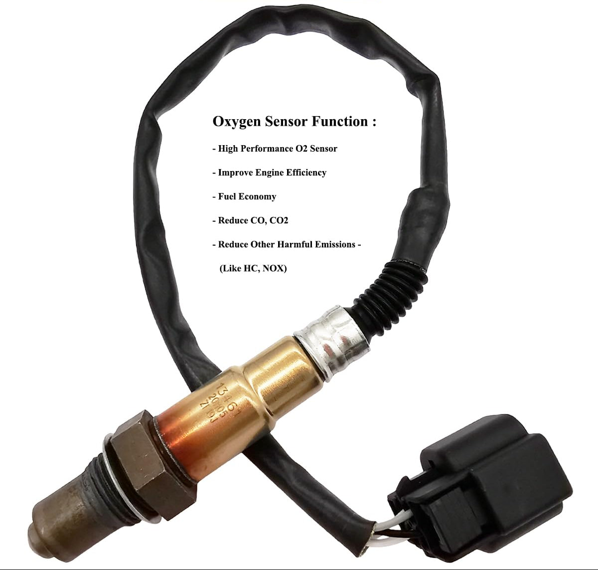 Close-up of high performance oxygen sensor with cable and connector, showing functions like improving engine efficiency and reducing emissions