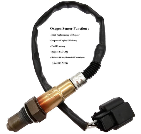 Close-up of high performance oxygen sensor with cable and connector, showing functions like improving engine efficiency and reducing emissions