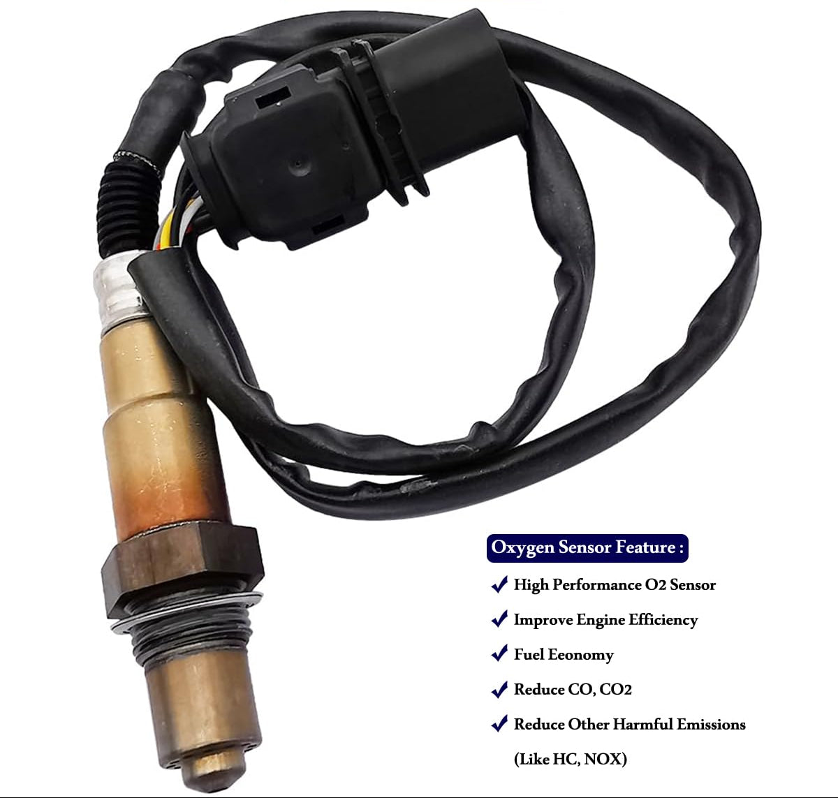 High performance automotive oxygen sensor with wiring harness for engine efficiency and emissions reduction