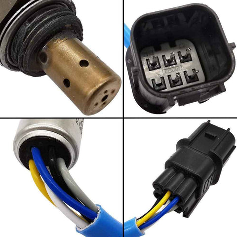 Close-up views of automotive oxygen sensor and black electrical connector with multi-colored wires