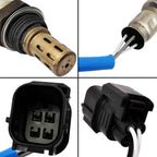 Close-up views of an automotive oxygen sensor with blue wiring and a black 4-pin connector plug