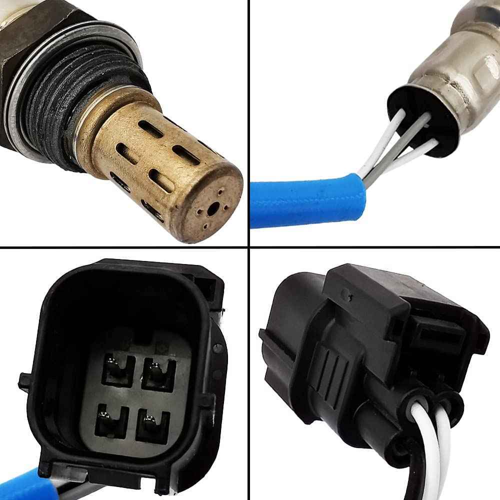 Close-up views of an automotive oxygen sensor with blue wiring and a black 4-pin connector plug