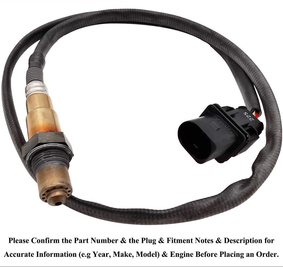 Automotive oxygen sensor with black connector and wiring harness on white background