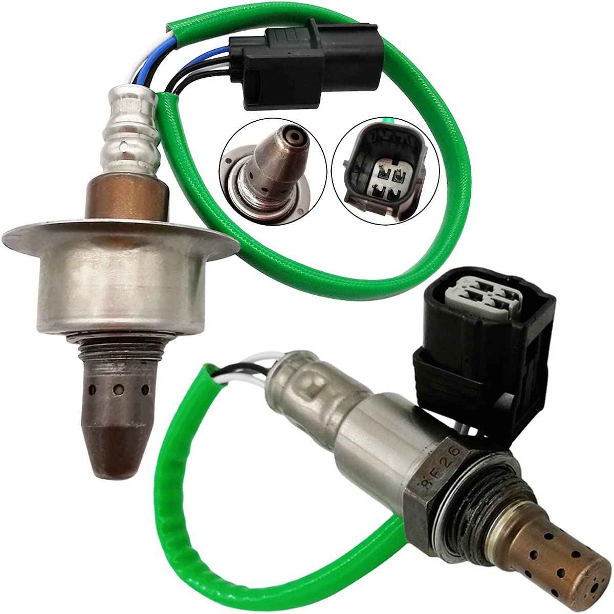 OEM oxygen sensor with green wiring and black electrical connector for vehicle emissions control