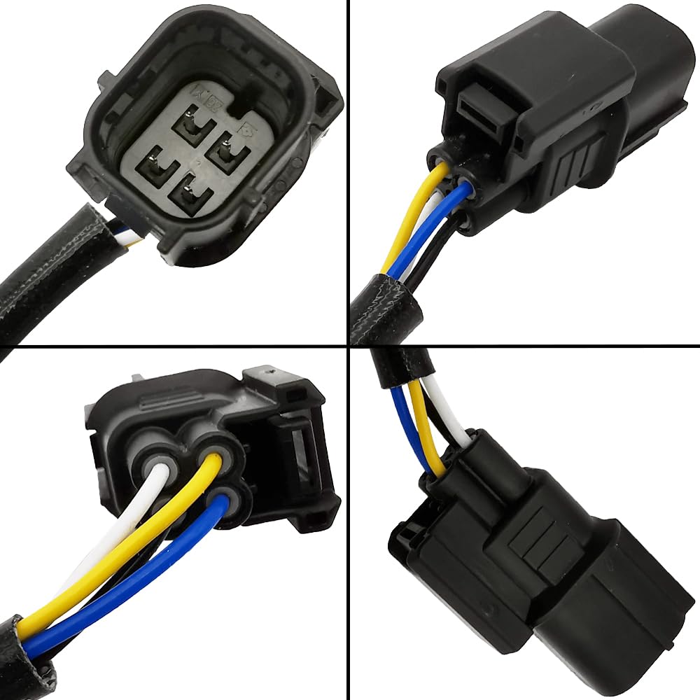 Close-up of automotive oxygen sensor electrical connector with black housing and colored wires