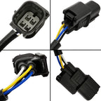 Close-up of automotive oxygen sensor electrical connector with black housing and colored wires