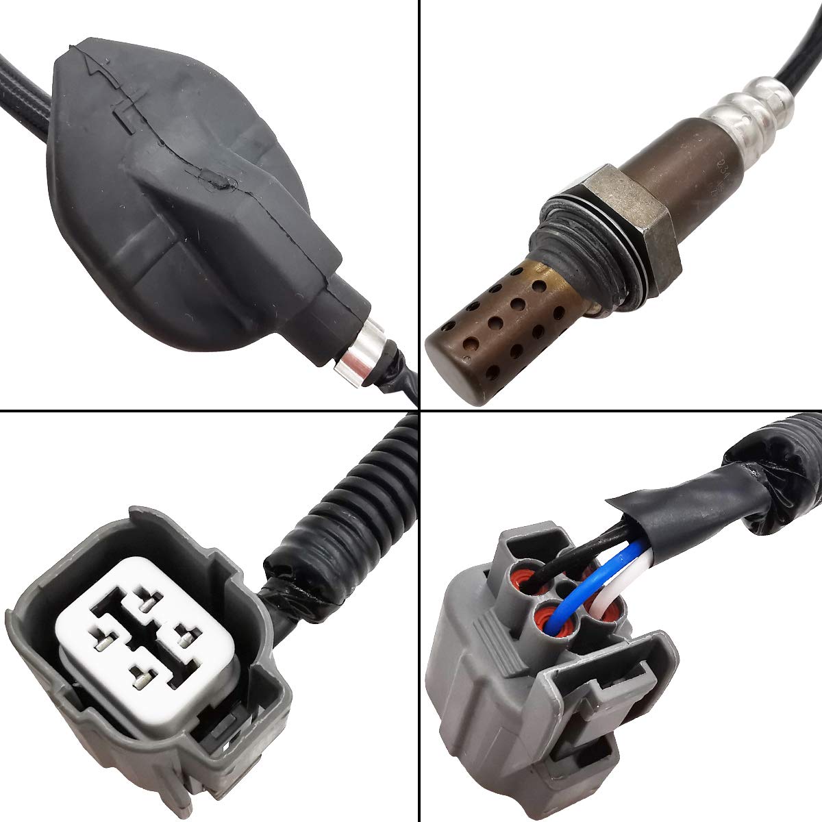 Close-up views of automotive oxygen sensor with wiring connectors for vehicle engine
