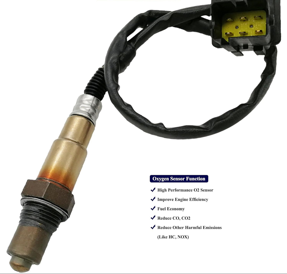 High performance automotive oxygen sensor with wiring harness to improve engine efficiency and reduce emissions