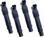 Set of four black automotive ignition coils with electrical connectors, OEM quality parts