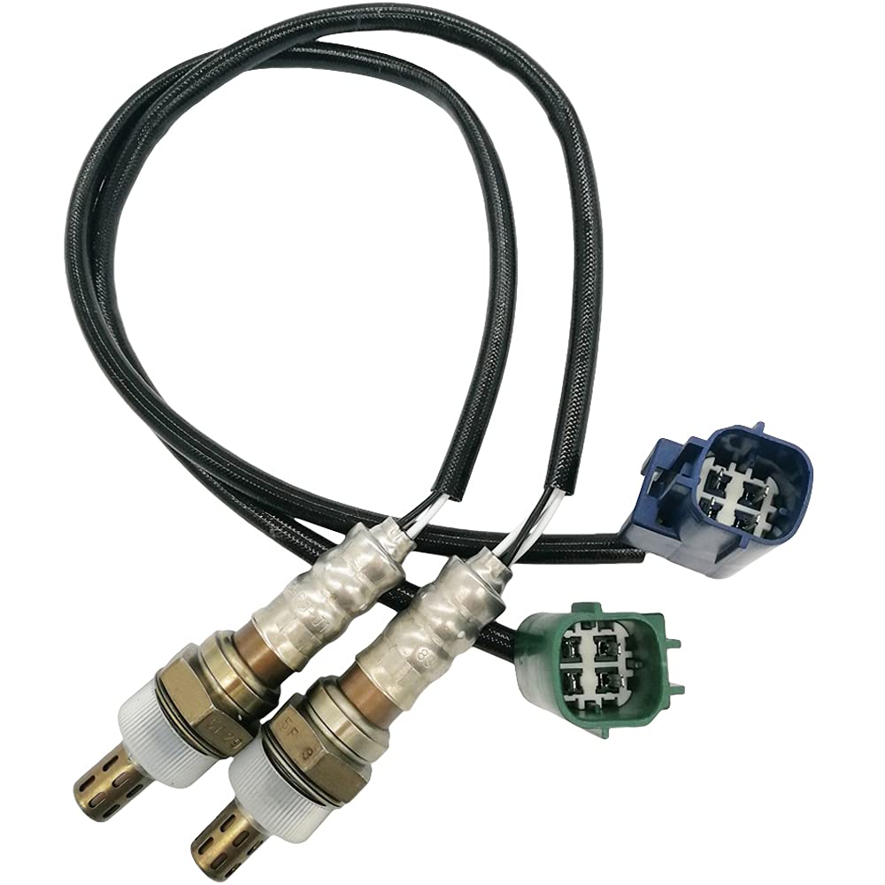 Pair of OEM oxygen sensors with wiring harness and blue and green connectors for automotive use