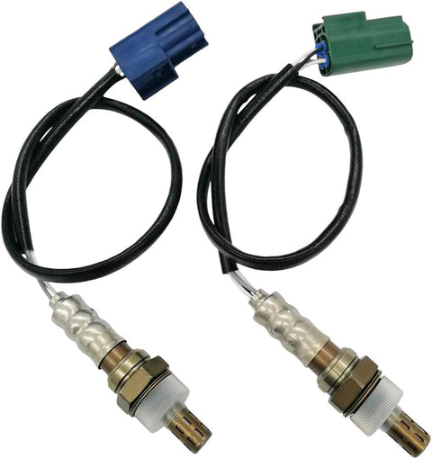 Pair of OEM oxygen sensors with blue and green connectors and black wiring for automotive engine management