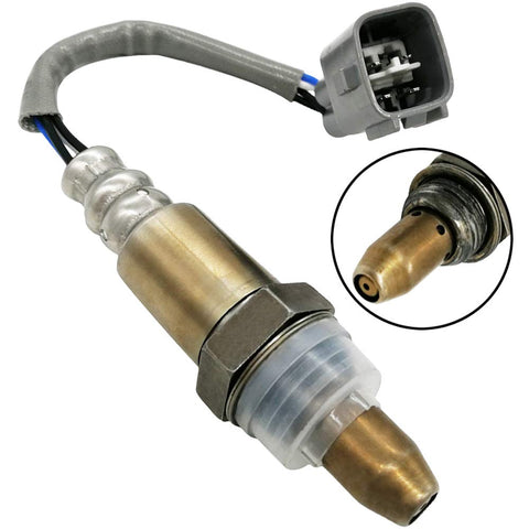 Close-up of automotive oxygen sensor with connector and detailed sensor tip inset