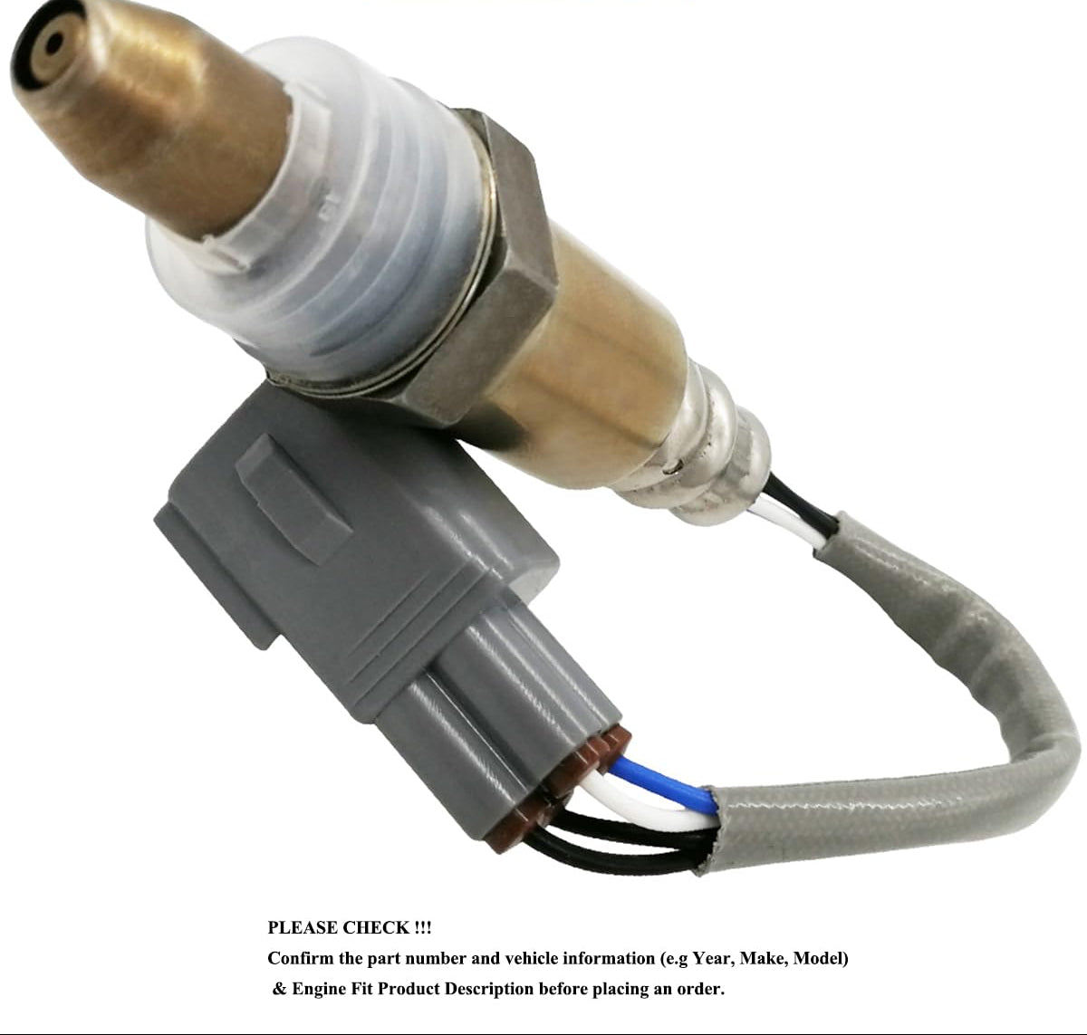 Close-up of automotive oxygen sensor with wiring and gray connector on white background