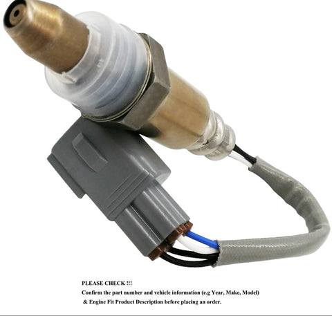 Close-up of automotive oxygen sensor with wiring and gray connector on white background