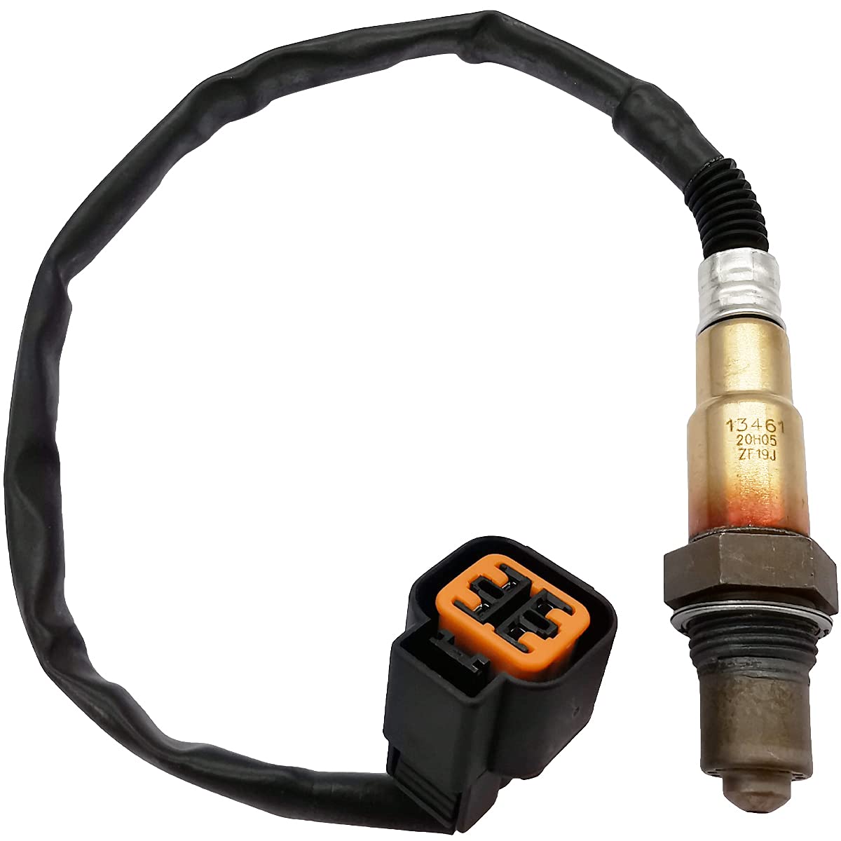 OEM-quality automotive oxygen sensor with black wiring and orange connector for vehicle emissions