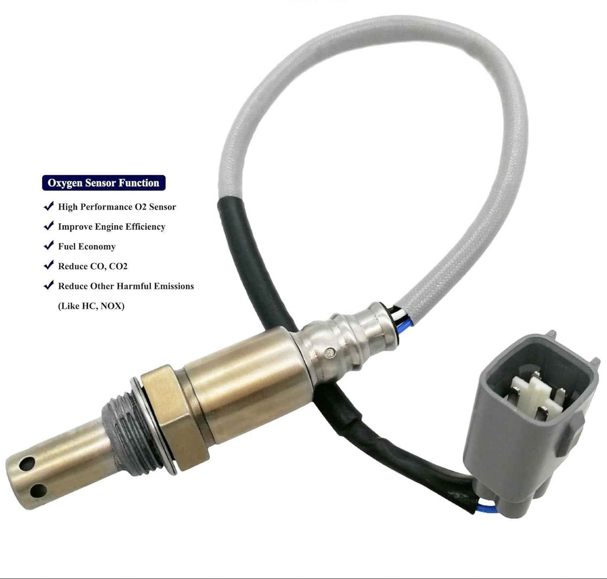 High performance automotive oxygen sensor with wiring harness and connector for improved engine efficiency and reduced emissions
