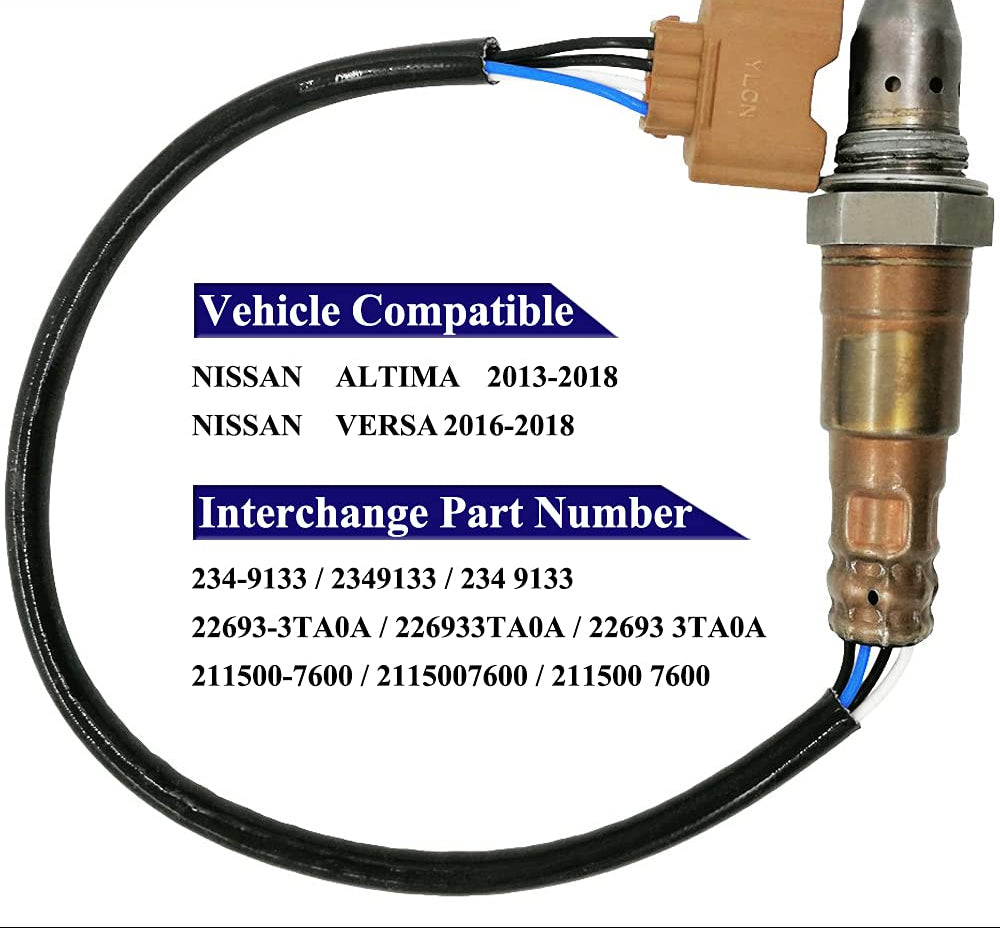 Oxygen sensor with wiring harness compatible with Nissan Altima 2013-2018 and Versa 2016-2018, showing interchange part numbers