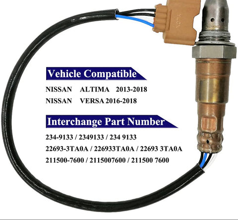 Oxygen sensor with wiring harness compatible with Nissan Altima 2013-2018 and Versa 2016-2018, showing interchange part numbers