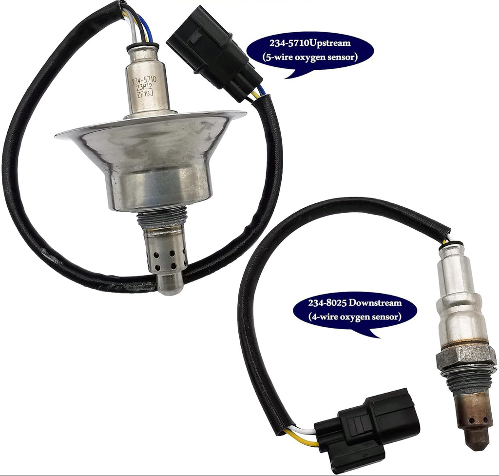 Upstream and downstream automotive oxygen sensors with wiring connectors.
