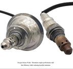 Close-up of two automotive oxygen sensors with metal housings and wire connectors.