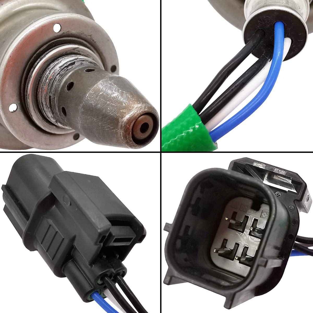 Close-up views of automotive oxygen sensor with wiring and black electrical connector for vehicle exhaust monitoring