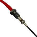 Close-up of automotive oxygen sensor with red cable and metal threaded body on white background