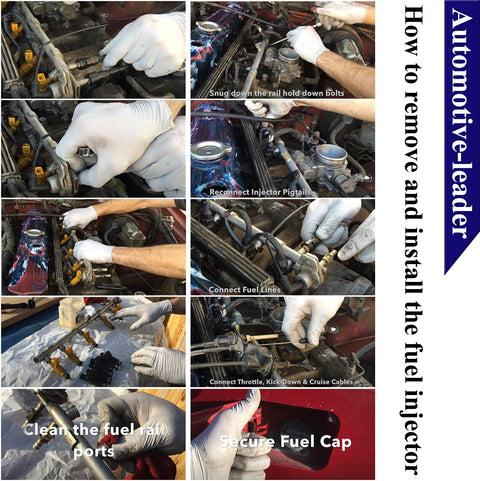 Step-by-step guide showing gloved hands removing and installing fuel injectors with fuel rail cleaning and fuel cap securing
